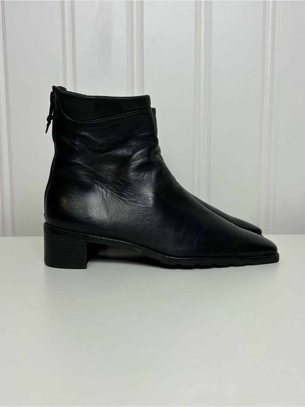 Stuart weitzman block heel square toe zipper Black Leather Ankle Boots Women 6